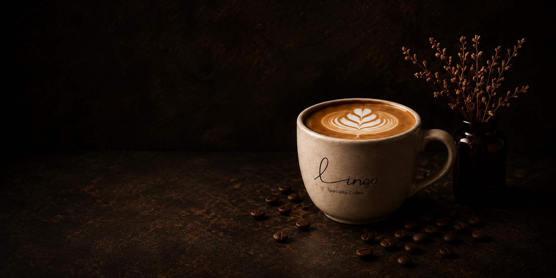 A Lungo cup with latte art on a wooden table