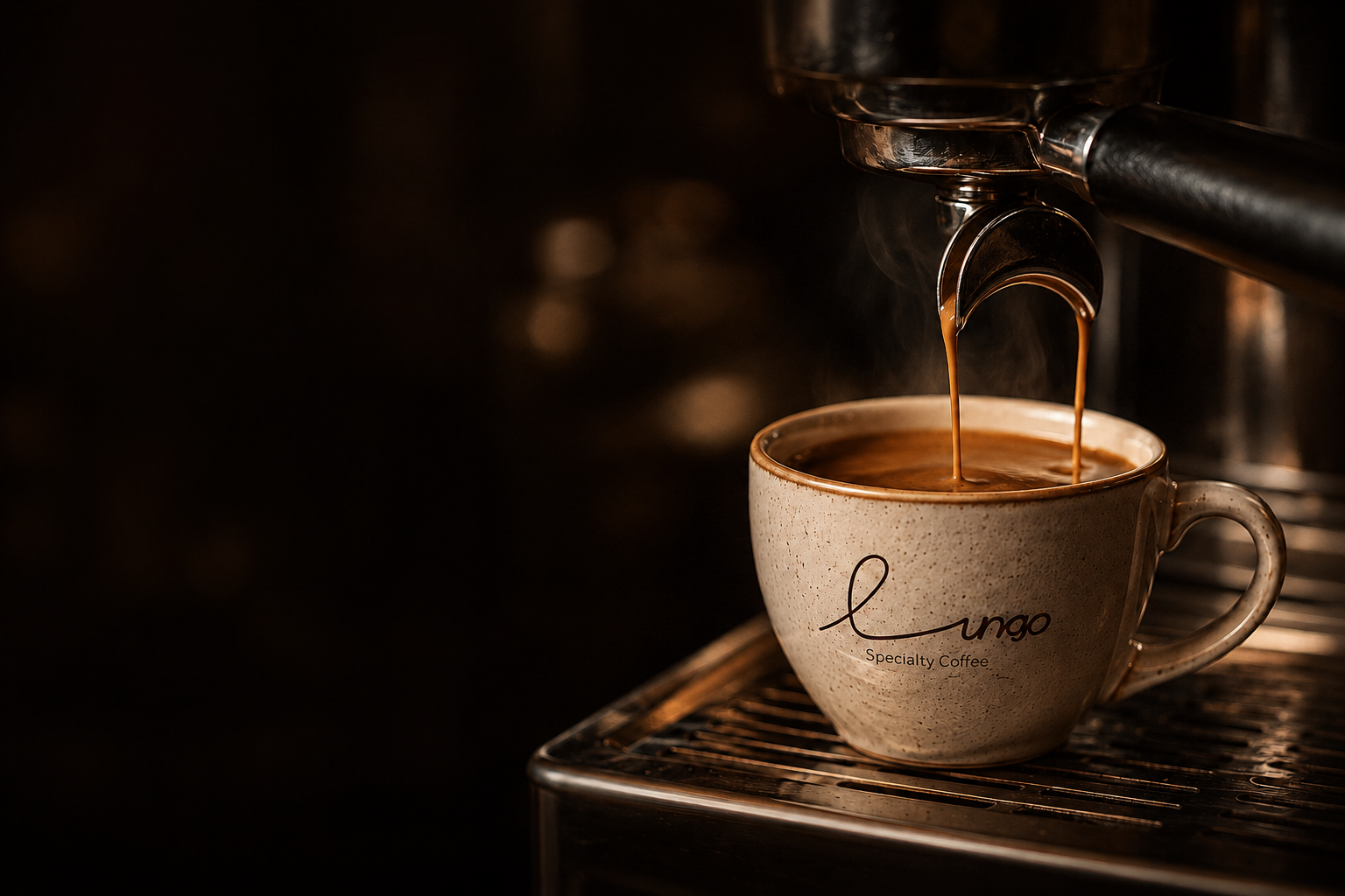 Espresso drawing from a machine into a stoneware Lungo cup